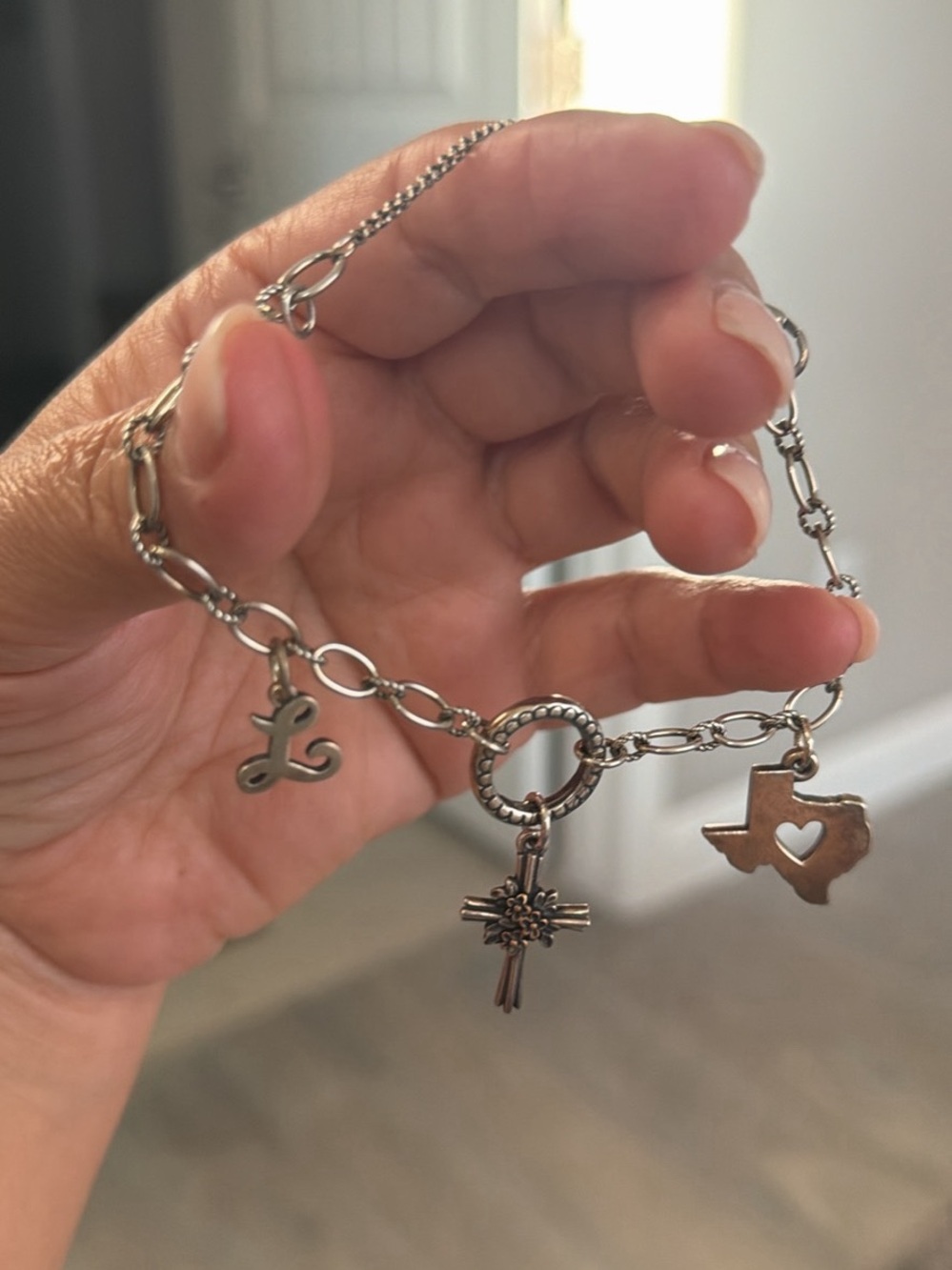 Sterling Silver Charm Bracelet with Texas, Cross & 'L' Charms - Silver